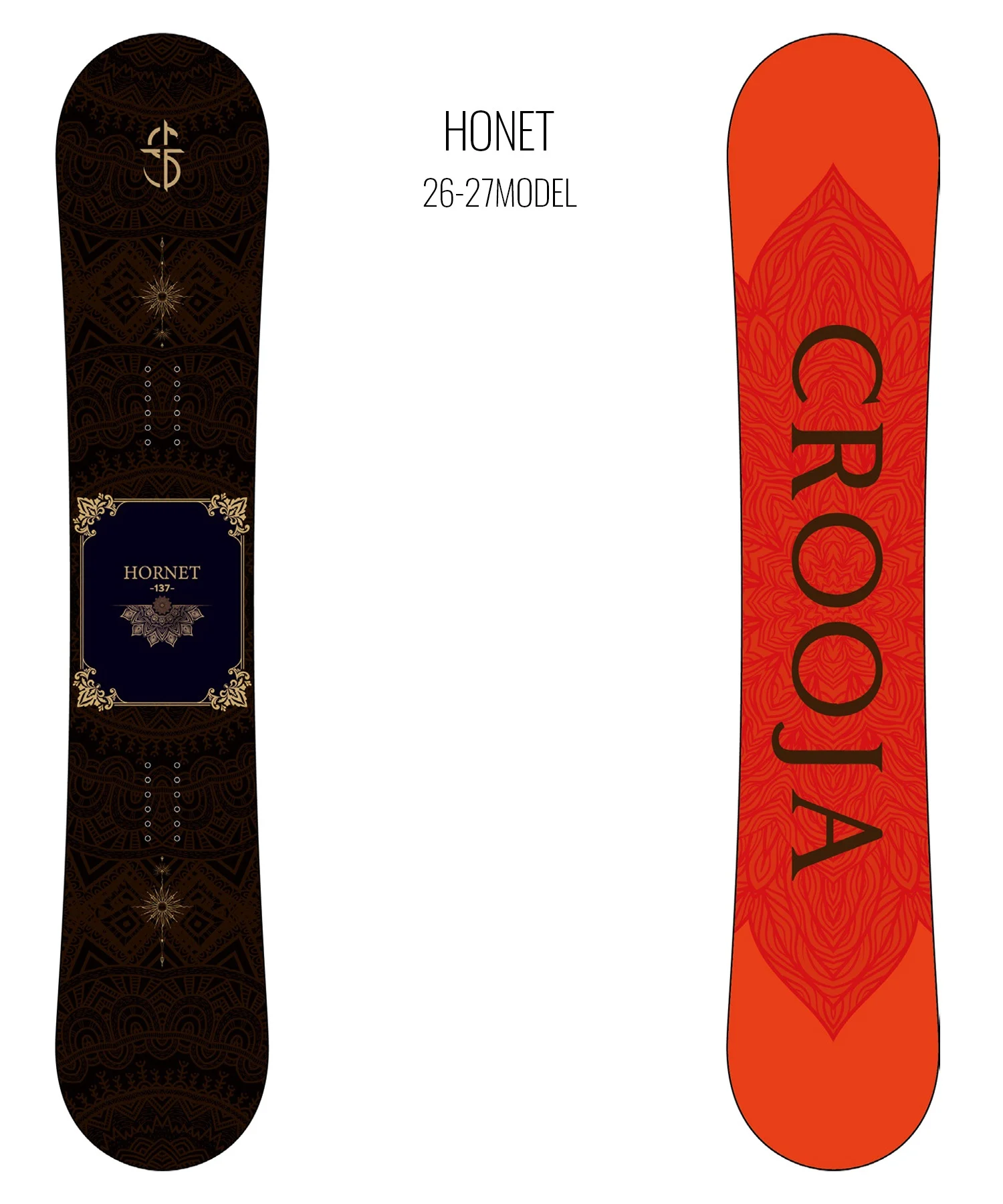 Left dark ornate Hornet snowboard with gold label reading HORNET 137 beside a patterned right-facing orange snowboard with large vertical lettering.