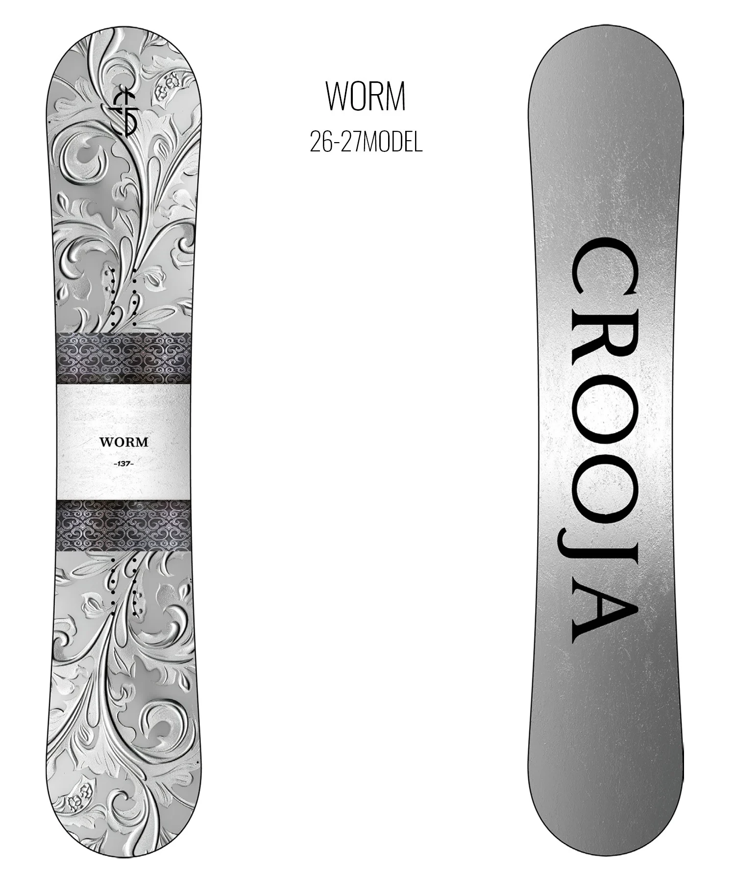 Two snowboards: left has ornate floral pattern with a 'WORM' label; right is a plain gray board with vertical text formation.