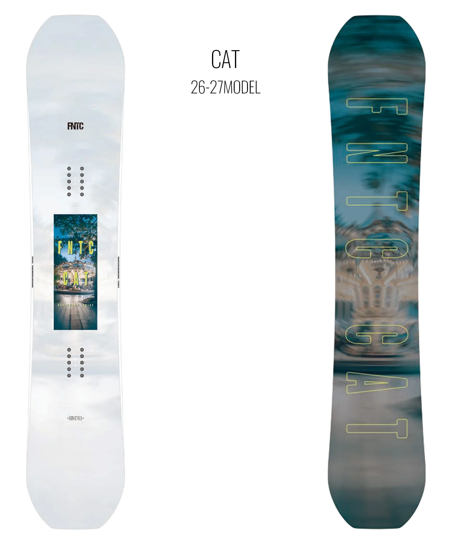 Two snowboards displayed side by side: left is white with a vertical image panel and small dot patterns; right is teal with a gradient design and large yellow lettering. Model text at top reads 'CAT 26-27 MODEL'.