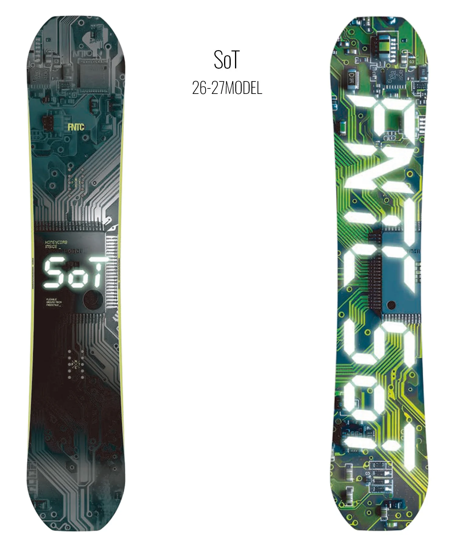 Two snowboard decks with neon circuitry graphics, showing 'SoT' branding and '26-27 MODEL' text in the center.