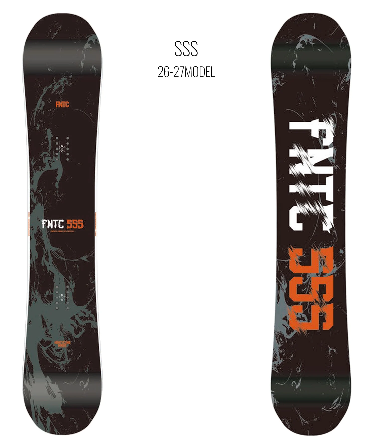 Pair of snowboards with dark, distressed graphics; centered text reads SSS 26-27 MODEL on both boards.