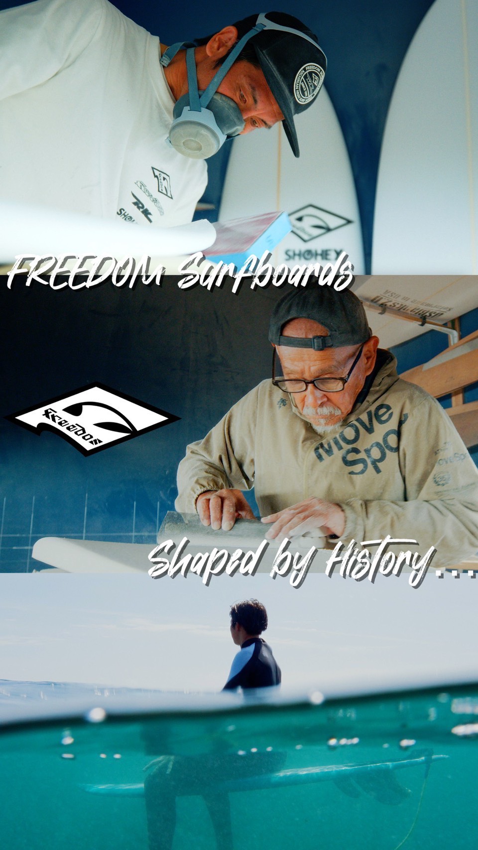 Two surfboard shapers work in a workshop, one wearing a respirator and cap while sanding, with 'FREEDOM SURFBOARDS' text across the image.