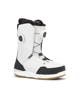 White snowboard boot with black trim and gum sole, featuring a side BOA dial and lacing system for a secure fit (informative product image).