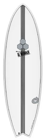White surfboard with a dark center stringer, a hexagonal All-Around logo midboard, and a round sticker on the lower right side.