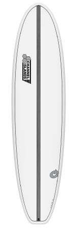 White surfboard viewed from above with a central dark stringer, brand logo toward the nose, and a small gray emblem near the tail.