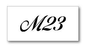 Stylized text 'M23' on a white card.