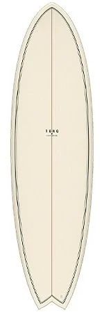 Cream-colored surfboard with a dark outline and a swallowtail, photographed vertically.
