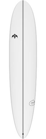 White surfboard viewed from above with a black center stringer and small logos near the nose and tail.