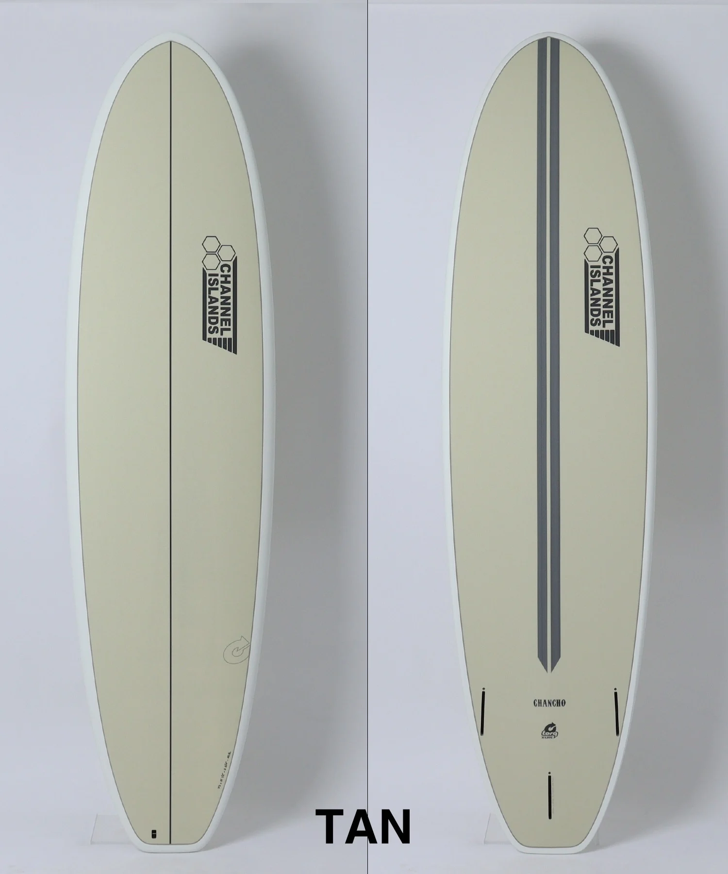 Two tan surfboards shown side by side on a white background; left board has one central black line, right board has two dark central lines, both feature the Channel Islands logo midboard.