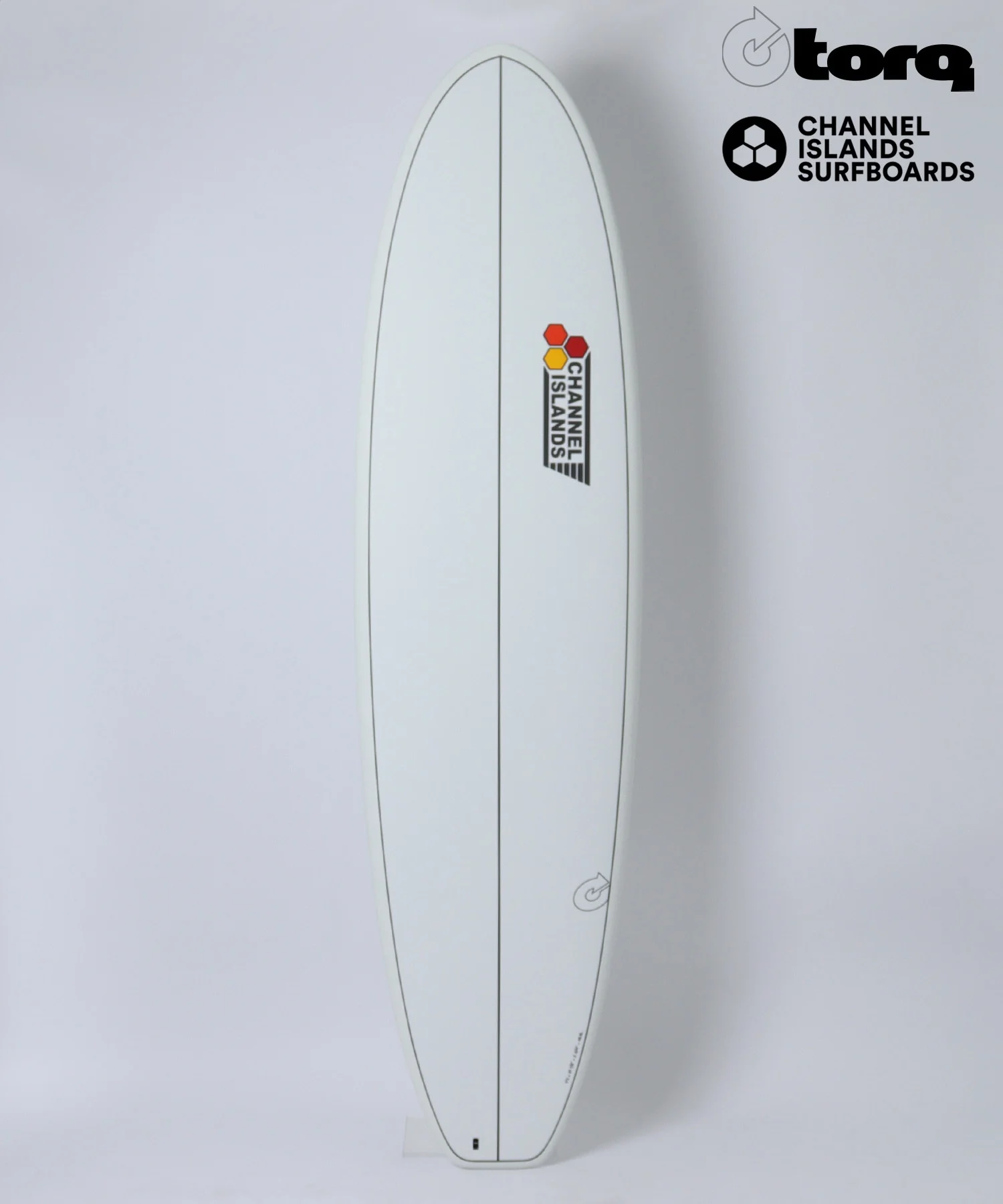 White vertical surfboard with Channel Islands Surfboards logo on the right half and Torq logo in the top-right corner against a pale background.