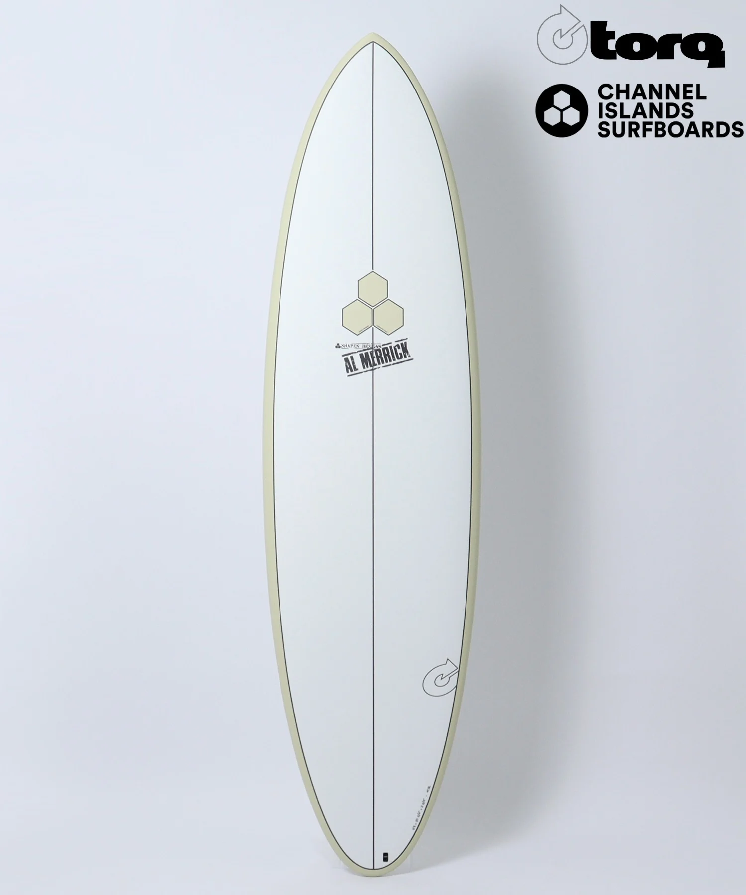 White surfboard standing upright with a pale border; center logo of hexagonal shapes and 'AL MERRICK' stamp, logos 'torq' and 'Channel Islands Surfboards' in the top-right corner