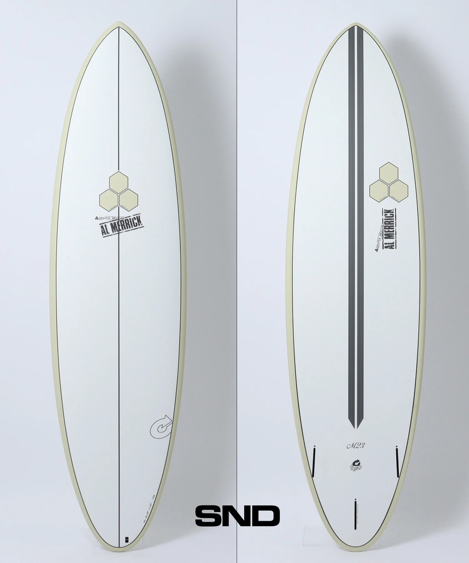 Split image of a white surfboard with pale yellow edge; left view shows three hexagons logo and 'AL MERRICK', right view shows a dark central stripe and hexagon logo on the back edge.