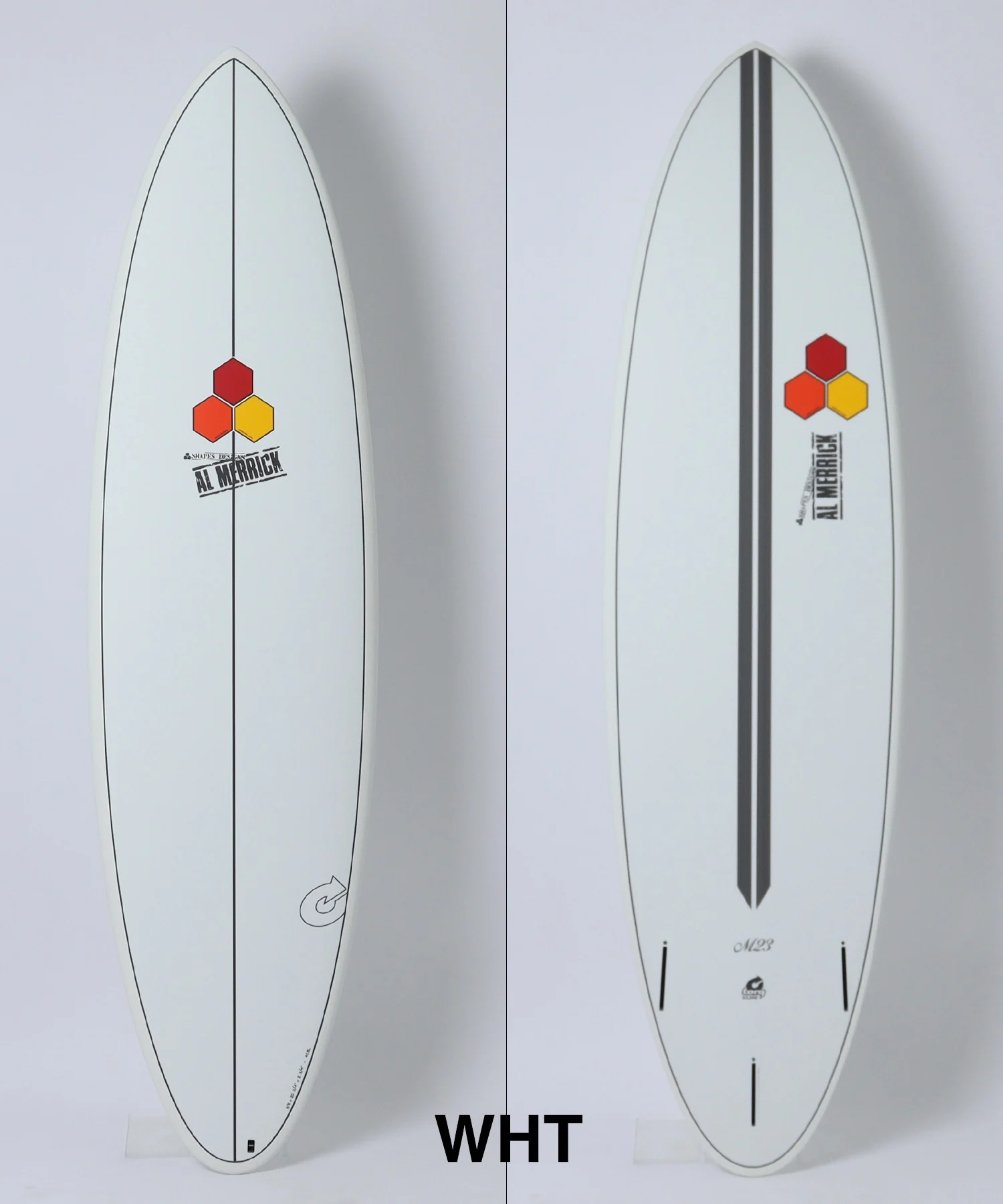 Front and back views of a white surfboard with a red-yellow-orange hexagon logo near the lower center and 'AL MERRICK' branding; features a black center stringer.
