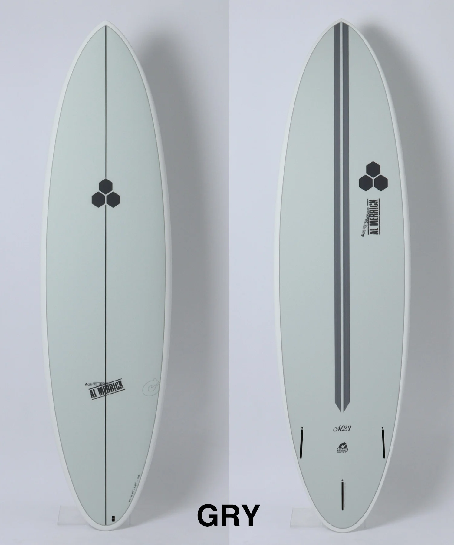Double-view of a gray surfboard from front and back, with a black hexagon logo along the center stringer.
