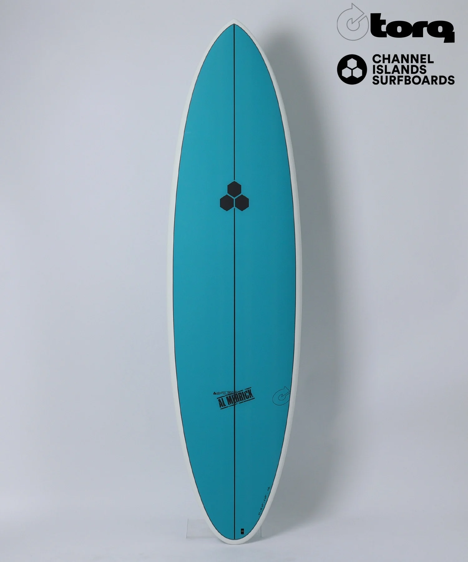 Vertical turquoise surfboard with a white edge, centered stringer, and a small black hex logo; Channel Islands Surfboards and Torq logos appear in the top-right corner.