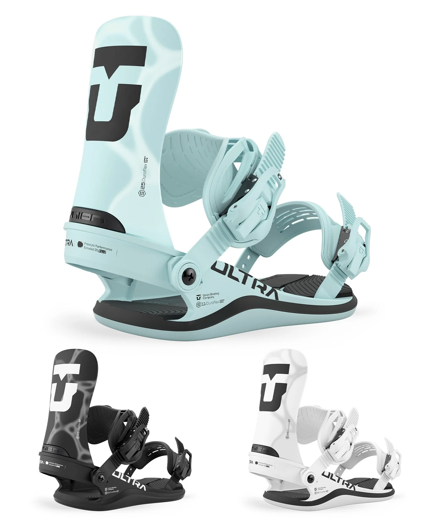 Pair of snowboard bindings in teal, black, and white colors displayed prominently for product showcase (Ultralike brand).