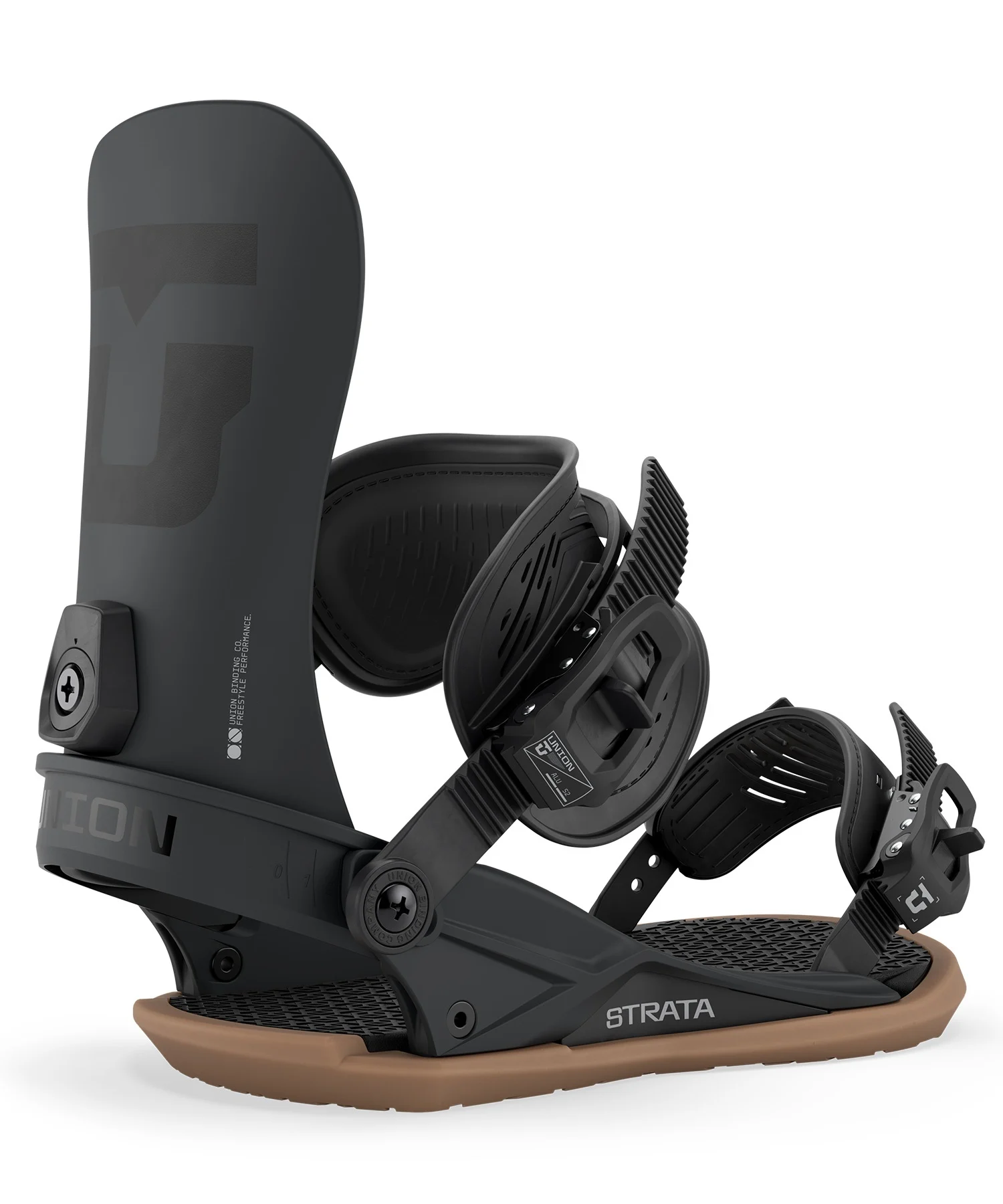 Close-up of a black snowboard binding with large highback, ankle strap, and ratchet buckles, labeled STRATA at the base.