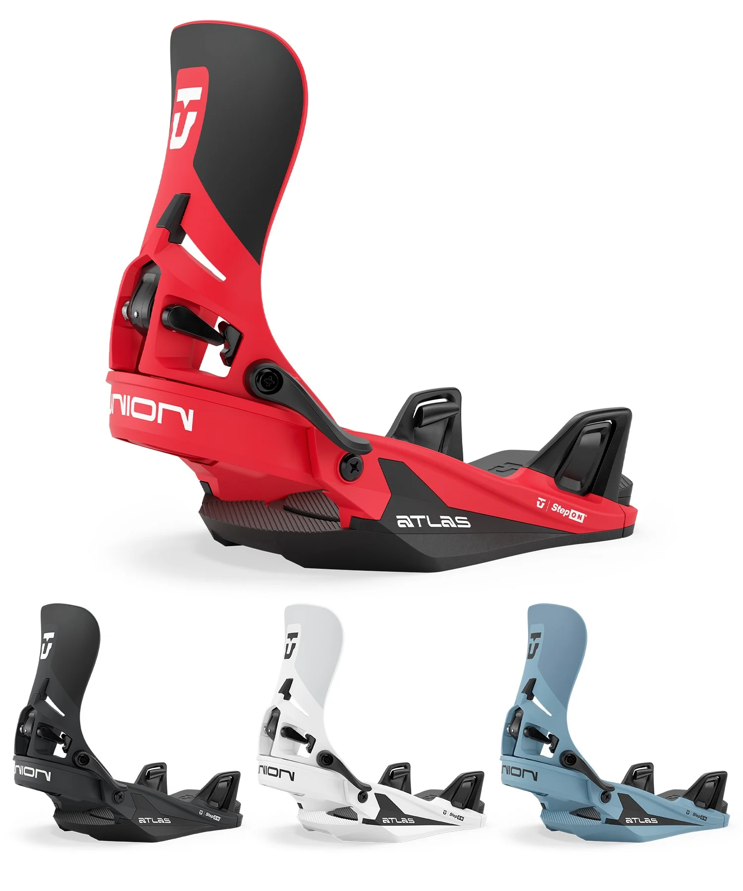 Red Atlas snowboard binding with highback and black baseplate, shown from a side angle against a white background, product shot for e-commerce