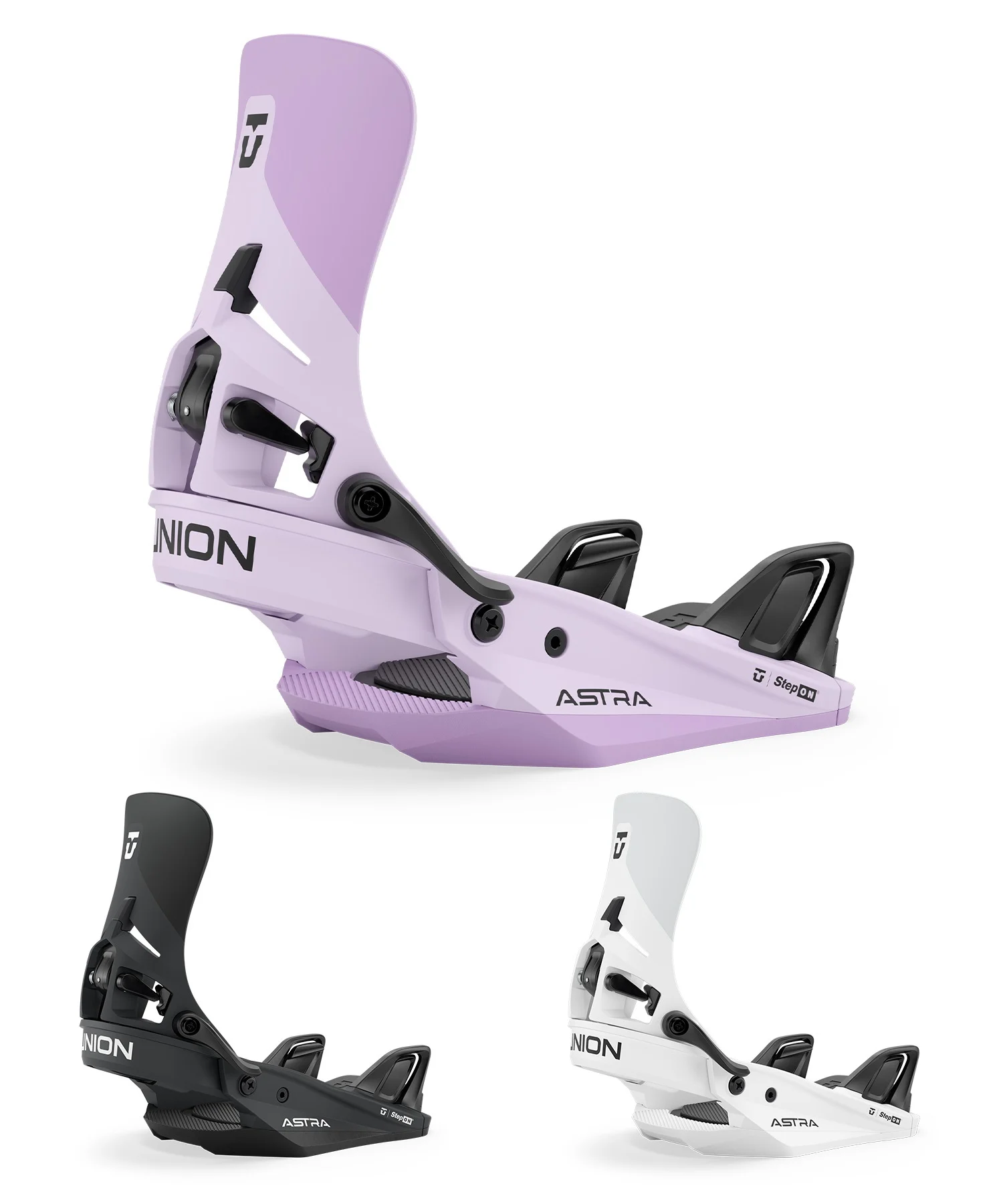 Purple Bindings: close-up of snowboarding bindings with a high-back in lavender and 'ASTRA' branding, part of a Step On binding system