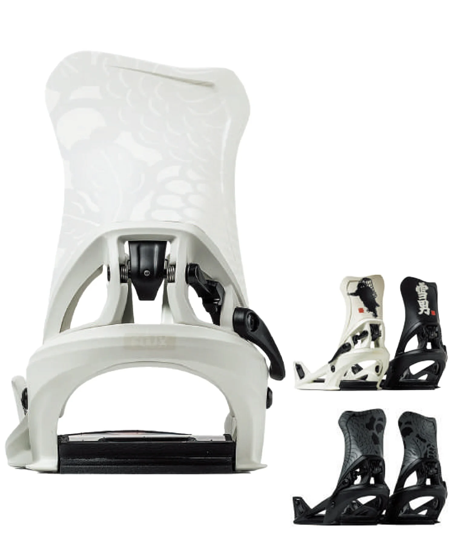 White snowboard binding with highback and straps, shown with black and white color variants on the side (product image).