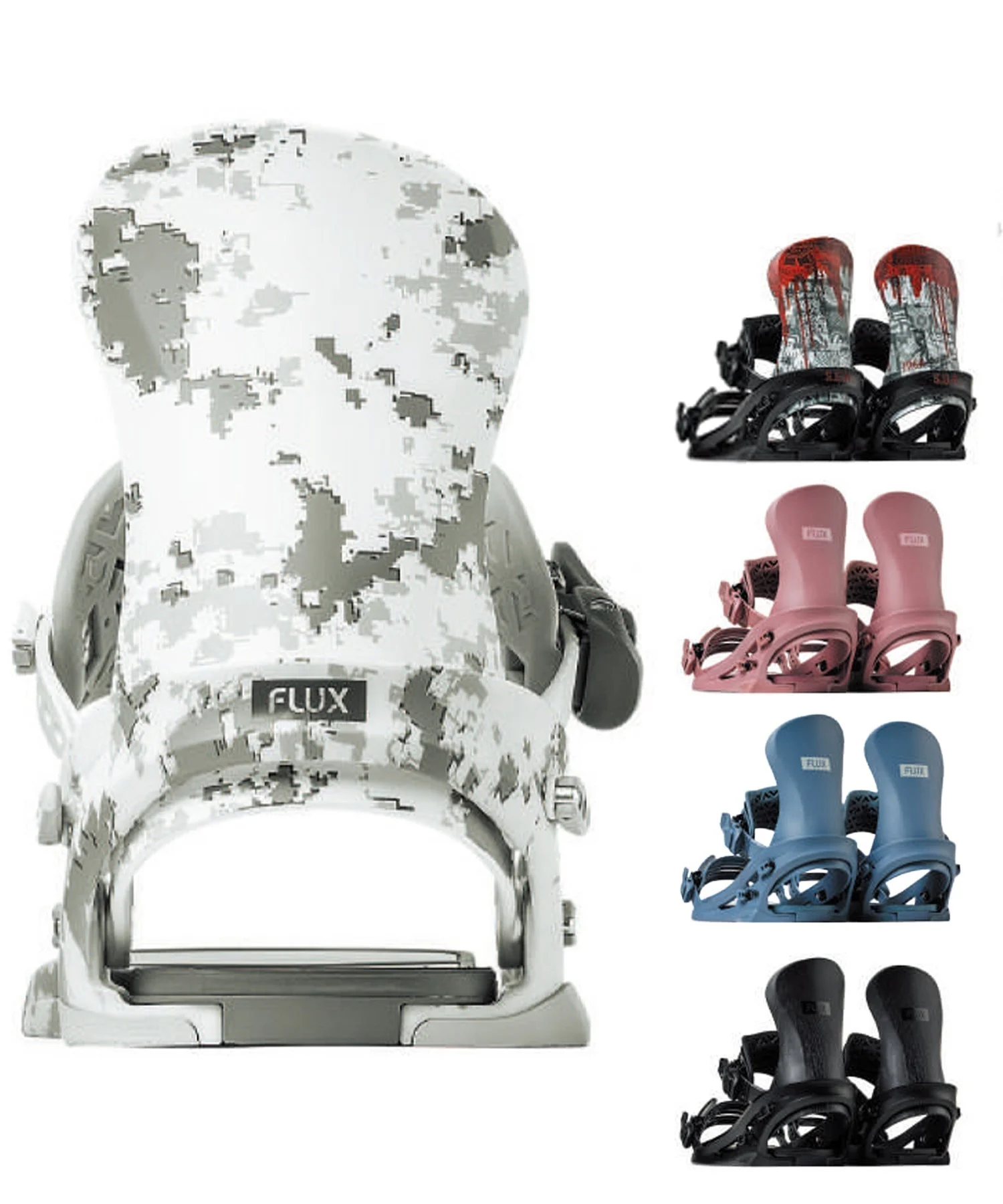 White Flux snowboard helmet with a digital camouflage pattern, shown beside colorful Flux snowboard bindings on the right.