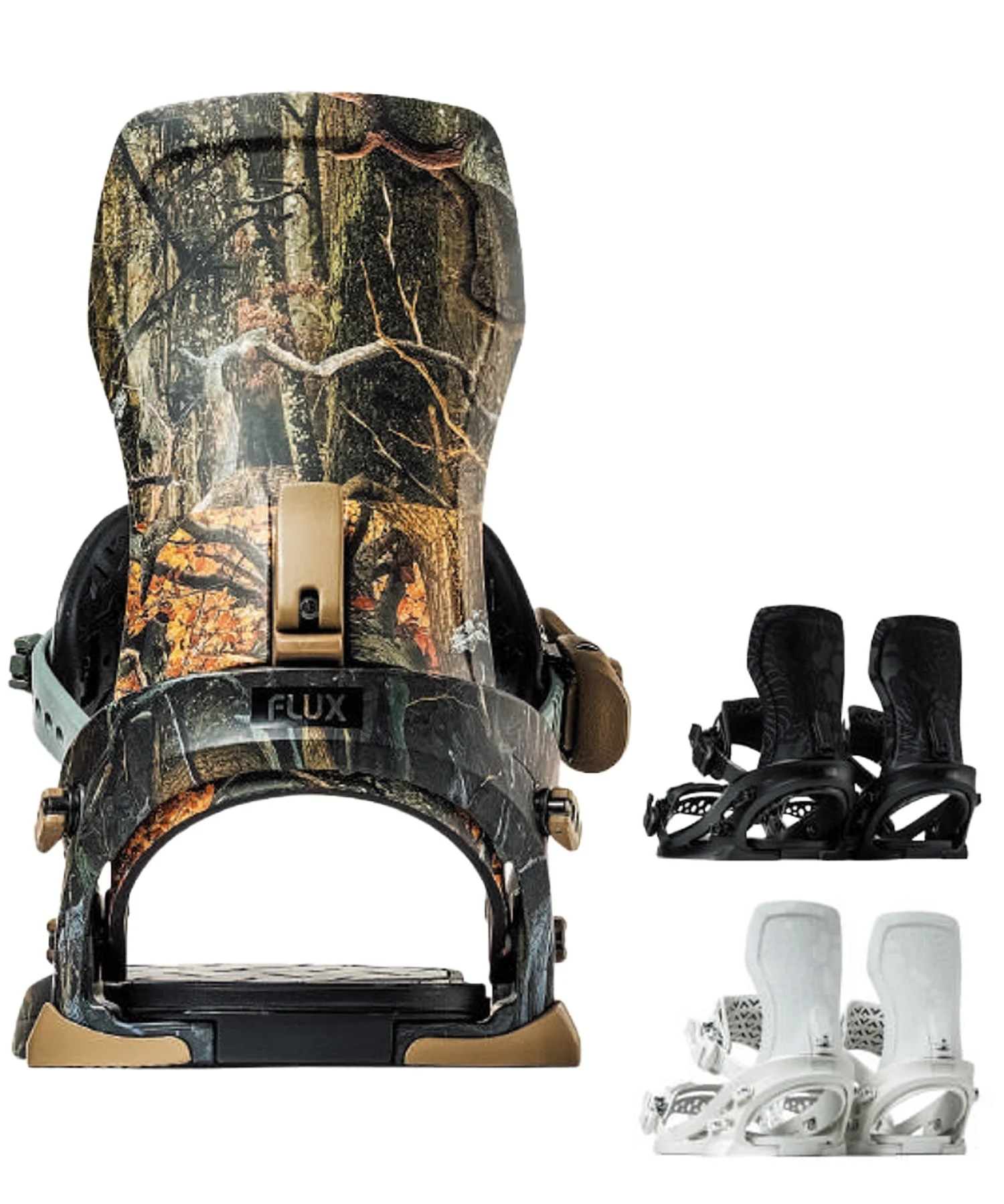 Flux camo snowboarding binding with large highback and straps, plus separate black and white foot bindings starting to the right