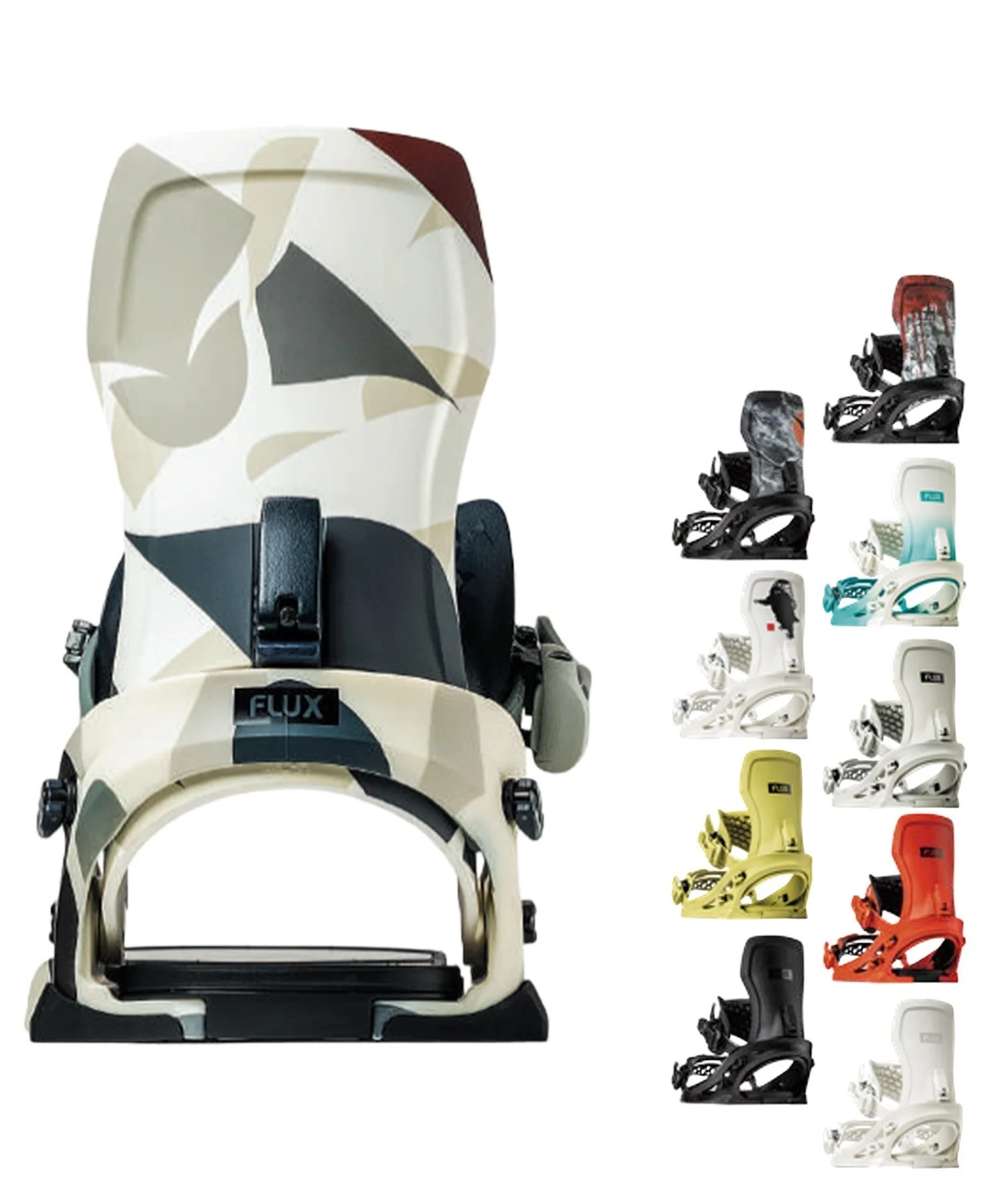 Flux snowboard binding with beige camo design; many color options shown as swatches on the right side.