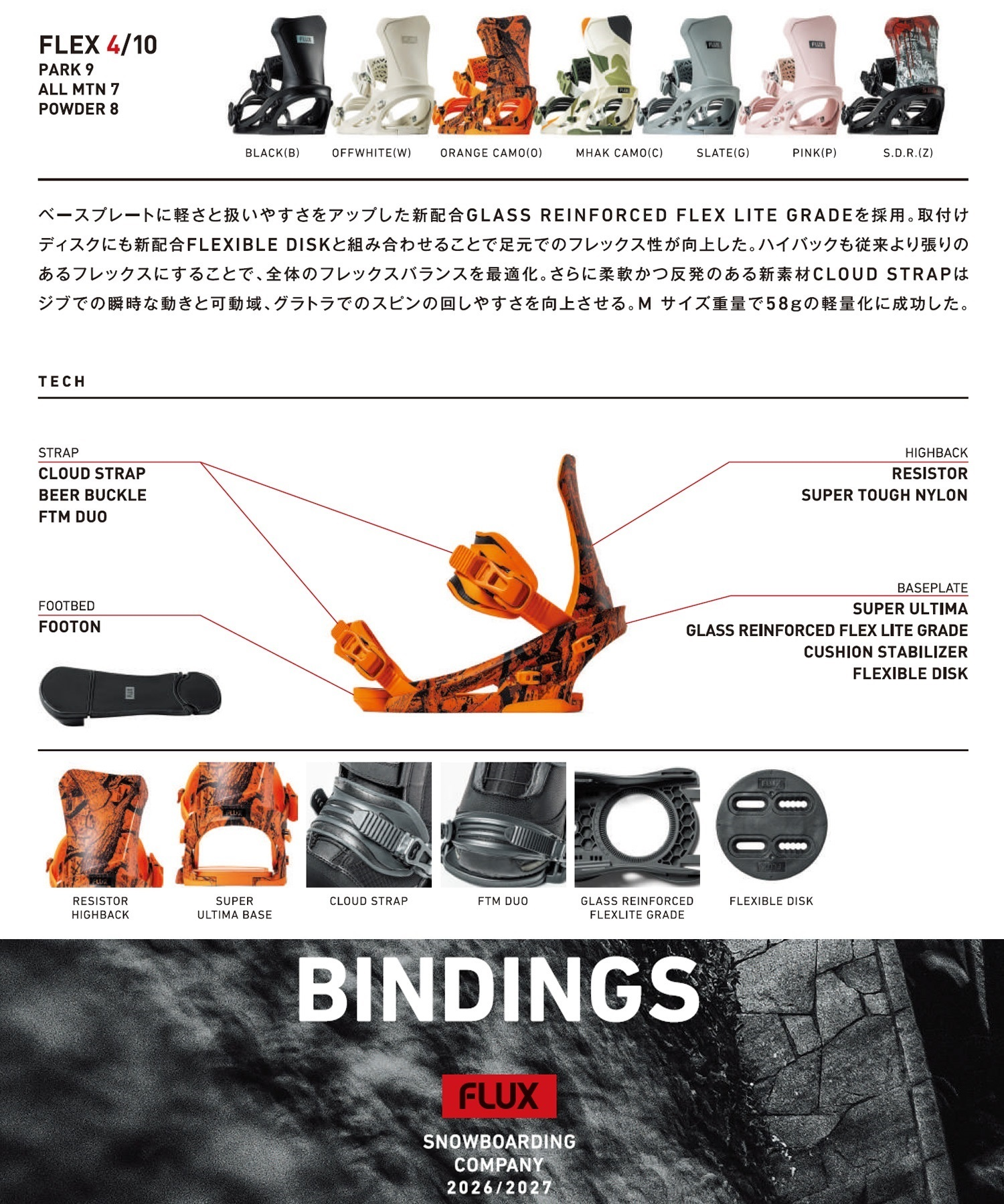 Infographic of Flux snowboarding bindings with color samples at top and labeled parts (cloud strap, footbed, baseplate, highback, cushion stabilizer, flexible disk).