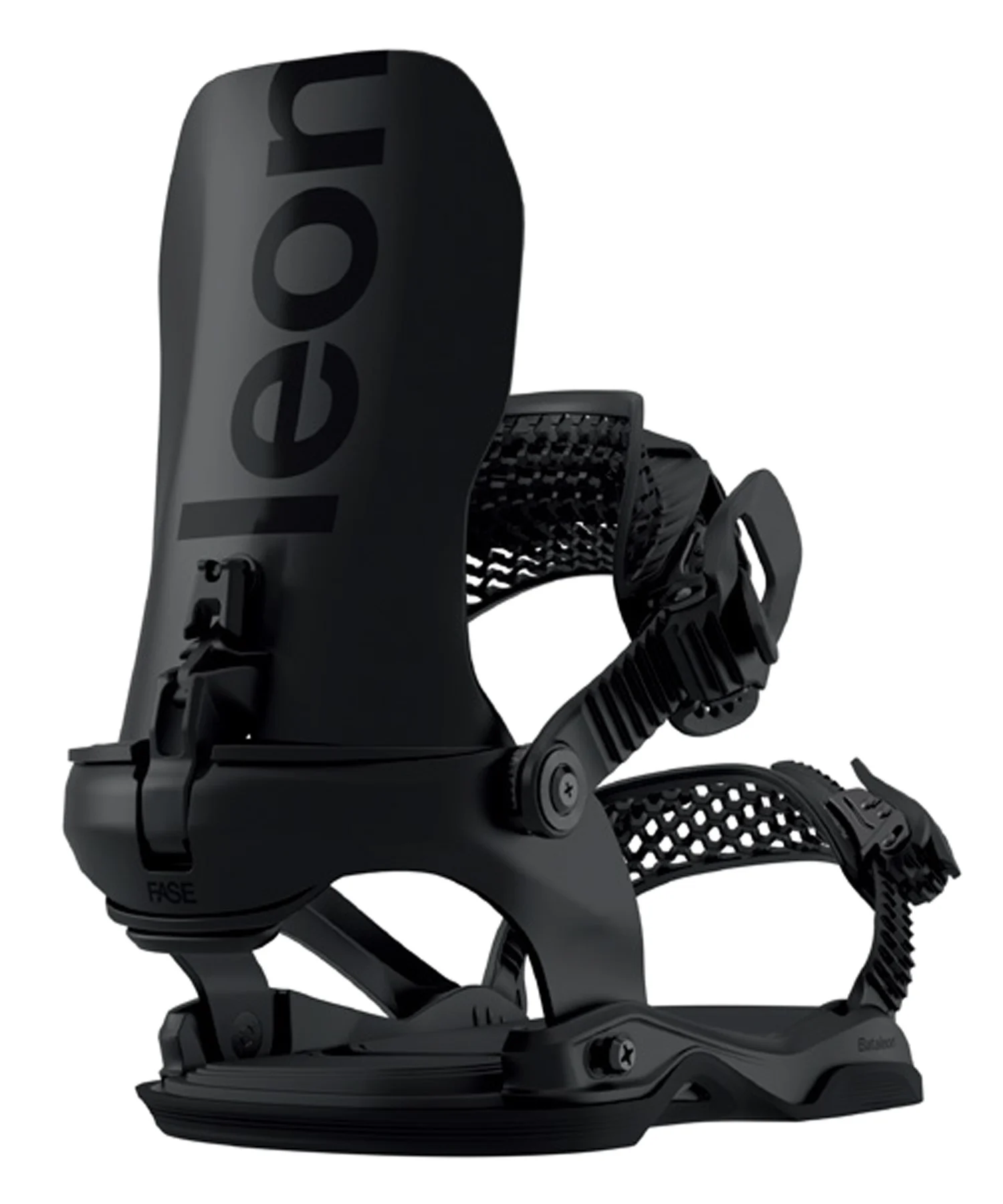 Black snowboard binding close-up showing the highback, ankle strap, and ratchet buckle system for secure foot placement (often used in freestyle bindings). The heel area bears the brand mark, with a sturdy baseplate and adjustment screws visible.