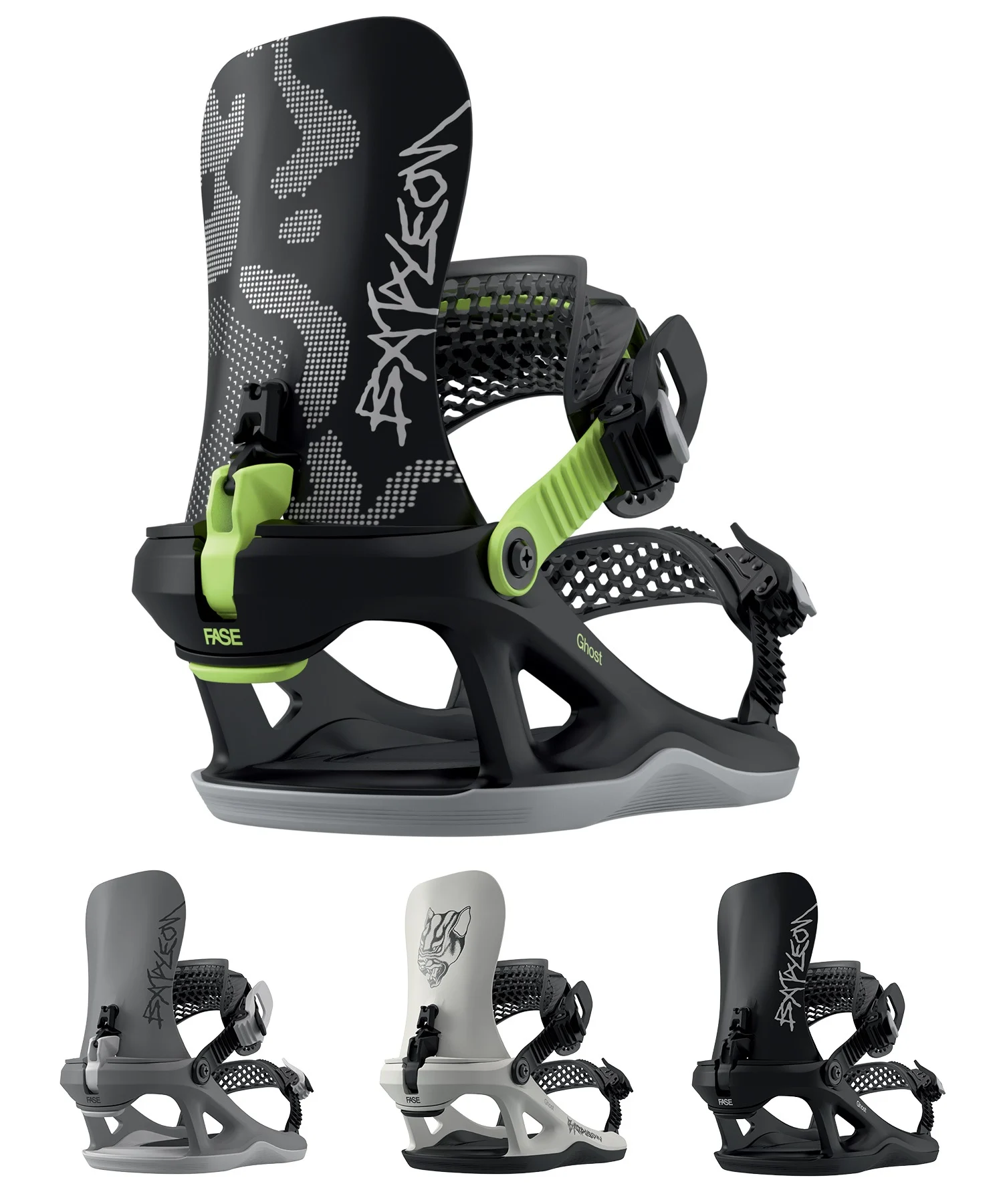 Snowboard binding with black frame, neon green adjustment lever, and highback seen from the side.