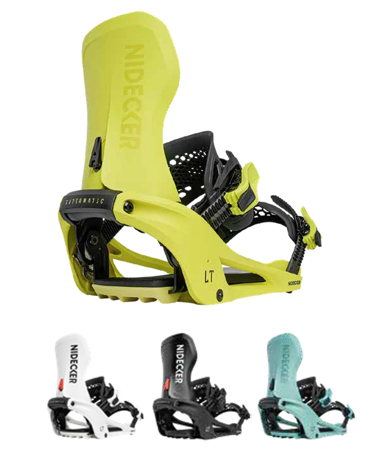 Yellow snowboard binding with tall highback and black ankle/strap system (Nidecker brand) visible, shown from side angle against white background. Also shows lower row of additional bindings in white, black, and teal colors below.