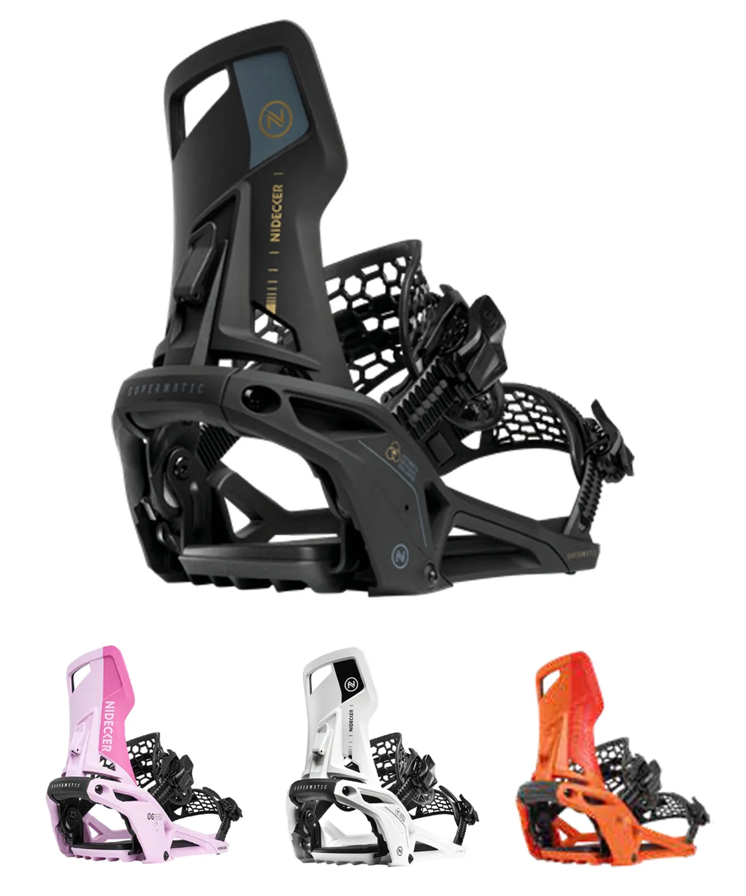 Black Nidecker snowboard binding with reinforced highback and adjustable straps, shown from the side.