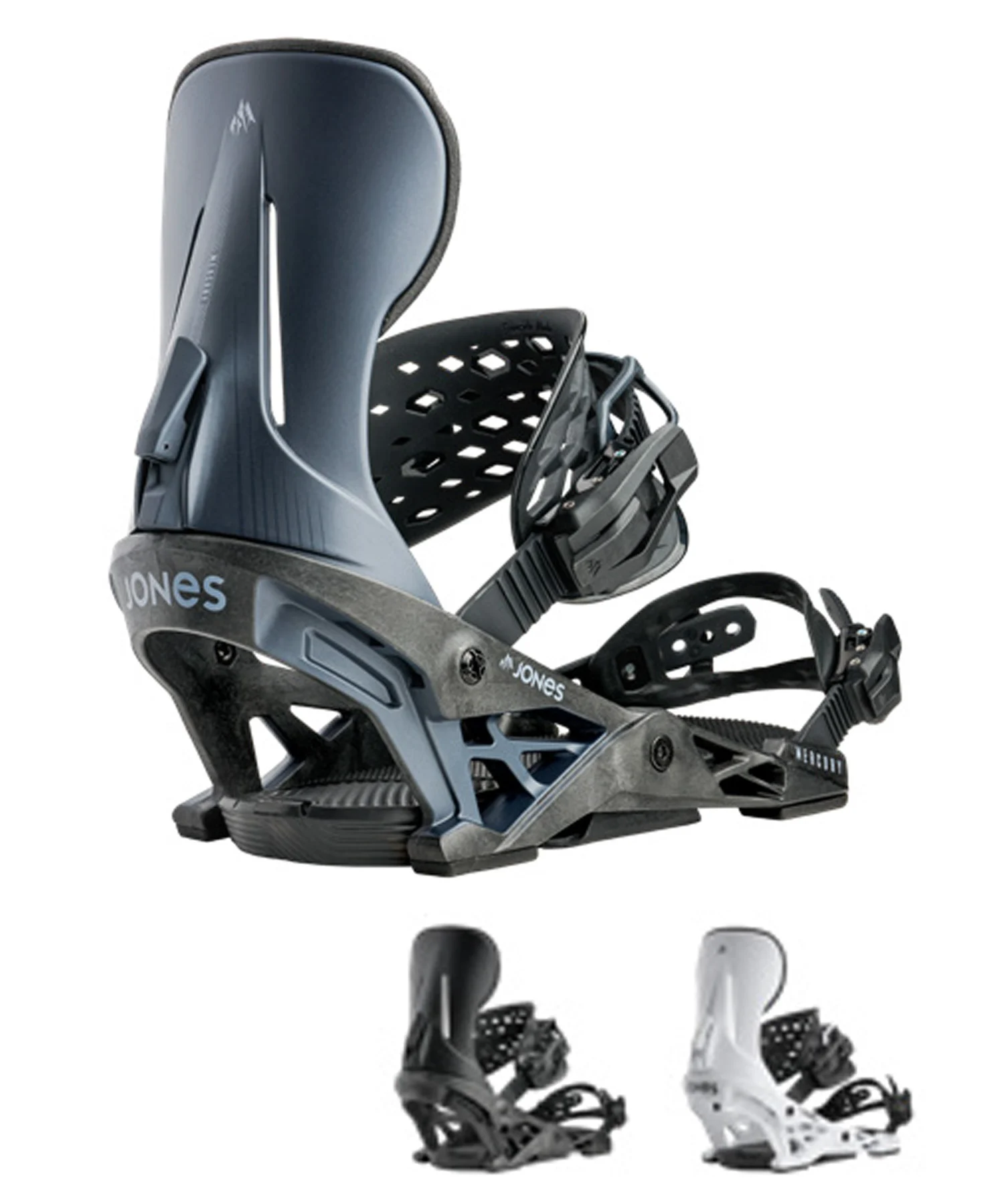 Three snowboard bindings (Jones) shown in dark gray, black, and white, displayed side by side under a white background.