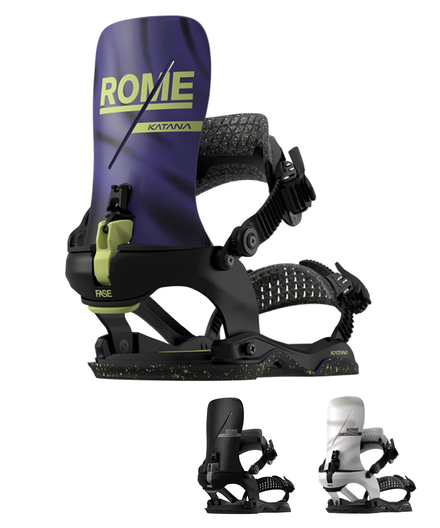 Close-up of a purple Rome Katana snowboard binding showing the highback, ankle strap, and ratchets against a white background (informative product image).
