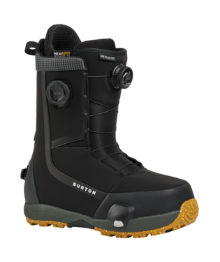Side view of a black Burton snowboard boot with a gray sole and orange/yellow tread.
