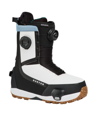 Burton snowboard boot in white and black with a light blue ankle strap and BOA dial on the side, rugged gum outsole