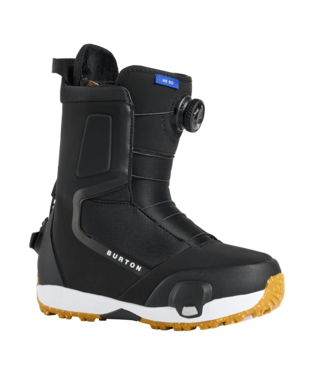 Burton black snowboard boot with a dial lacing system, side view, and a yellow lugged outsole.