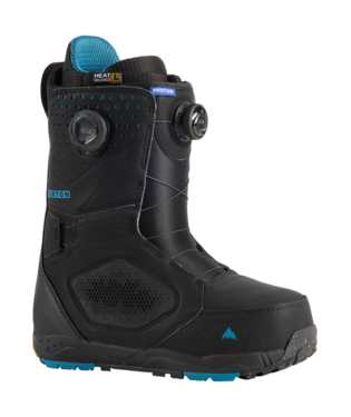 Black snowboard boot with blue lining and blue accents; features a side BOA dial lace system and rugged sole for grip.