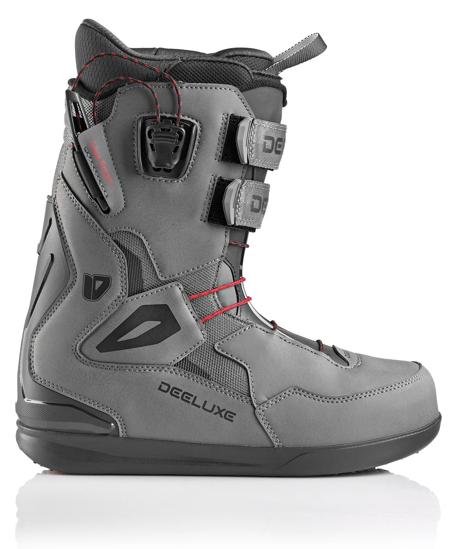 Gray snowboard/ski boot with red laces, two Velcro straps, and rugged heel, shown in profile on white background.
