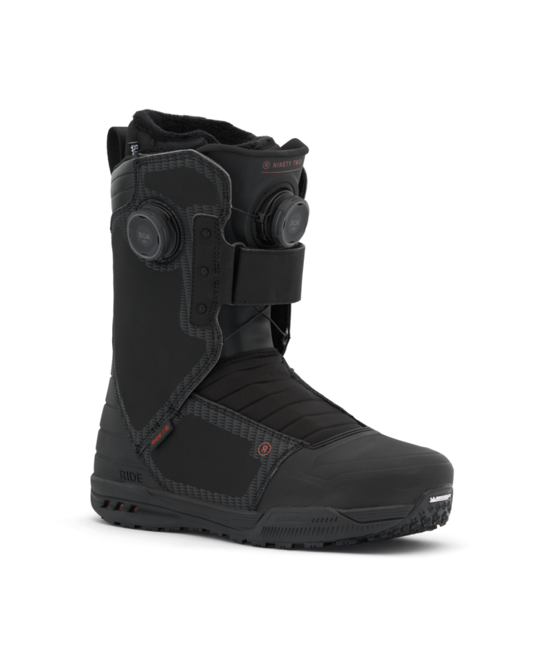 Black snowboarding boot with a BOA dial closure and ankle strap for secure support in a rugged, all-weather design.