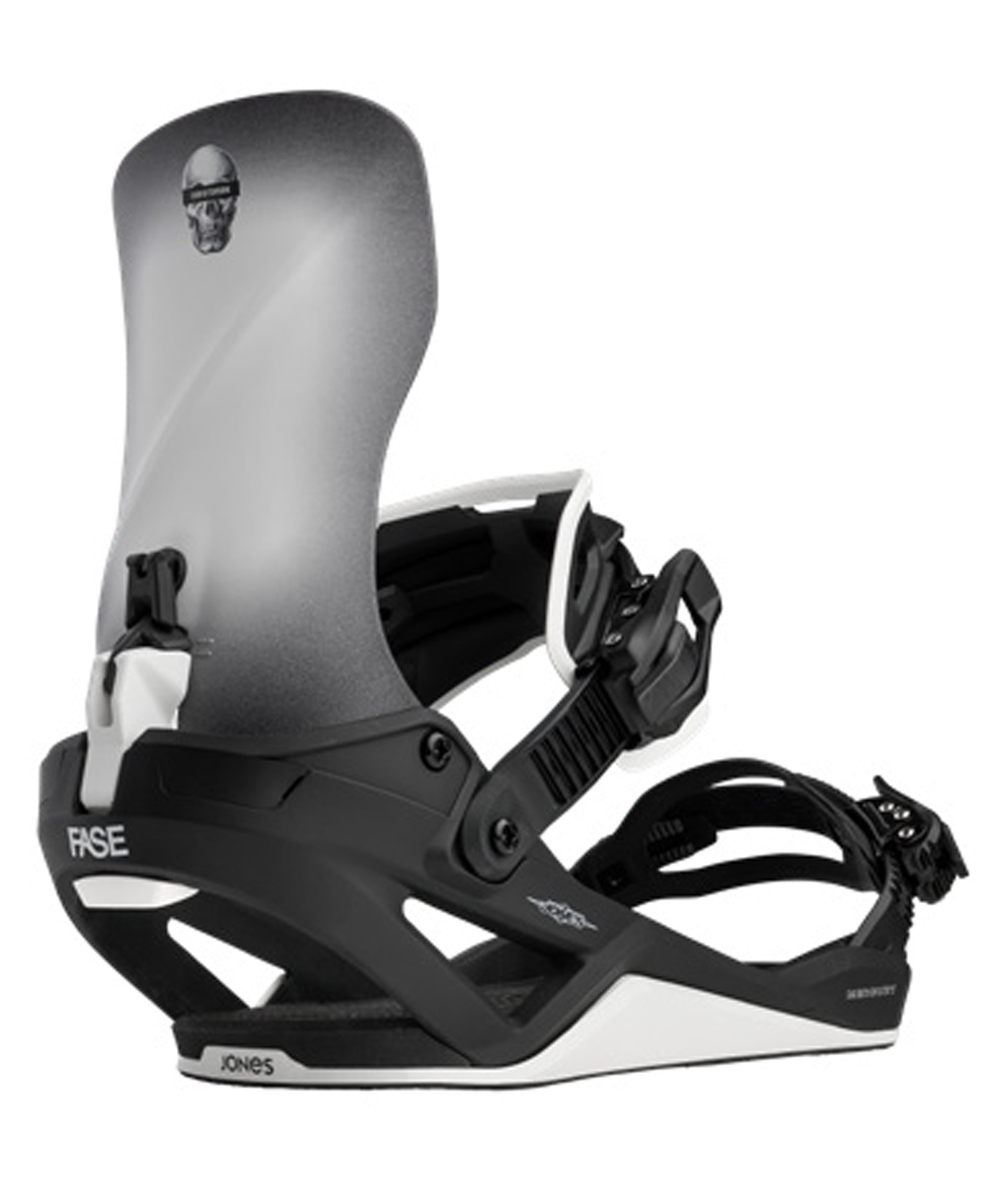 Snowboard binding with a tall gray highback, black chassis, white accents, and ratchet straps viewed from the side.