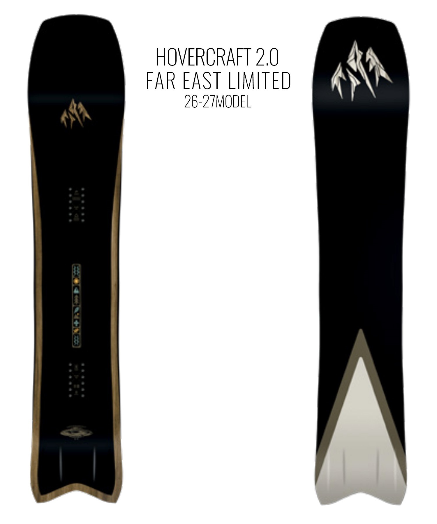 Hovercraft 2.0 Far East Limited snowboard with black-to-gold gradient, top and bottom views showing mountain logo details and edge design.