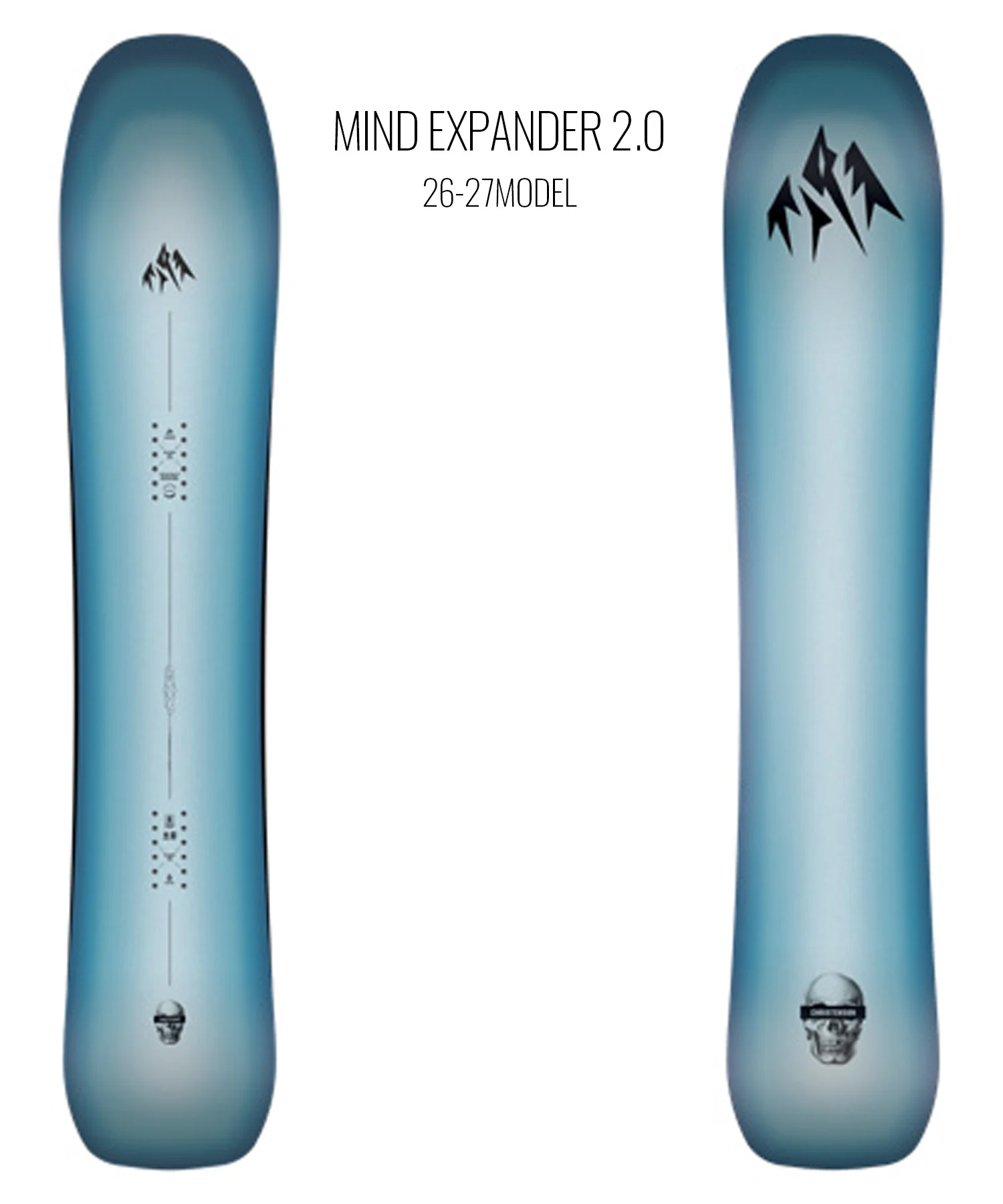 Pair of blue gradient snowboards standing upright; Mind Expander 2.0 26-27 model label above them.