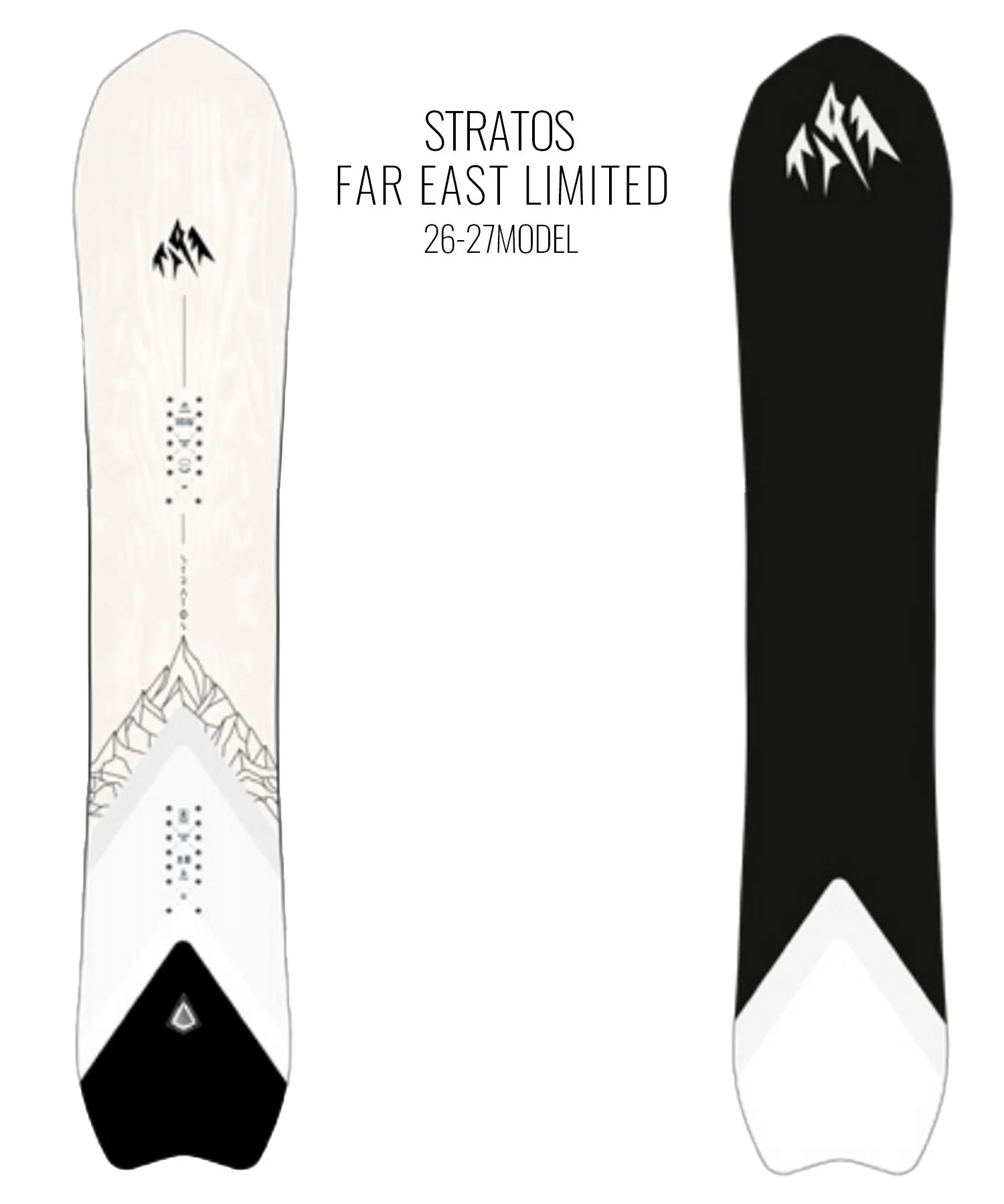 Stratos Far East Limited snowboard, 26-27 model, showing white and black designs side by side