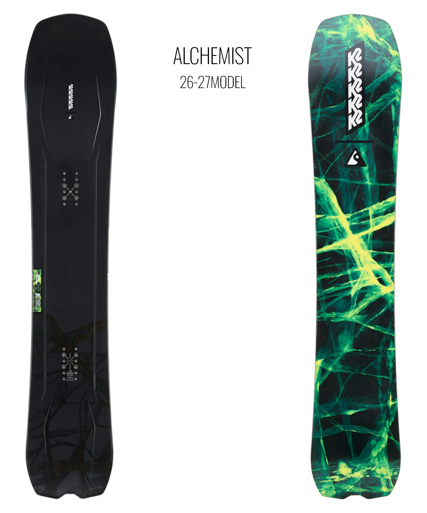 Two Alchemist snowboards shown: left is matte black with mounting inserts; right has a green neon abstract graphic deck.