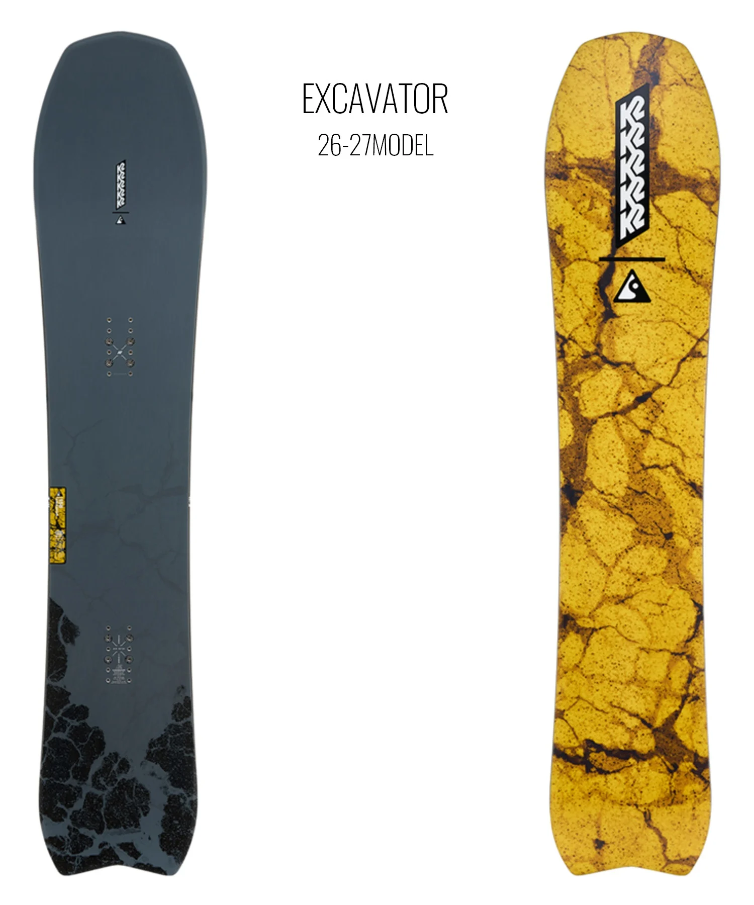 Two snowboards shown side by side: a dark blue/gray board with mounting inserts on the left and a yellow cracked-pattern board on the right; centered text says 'EXCAVATOR 26-27MODEL'.