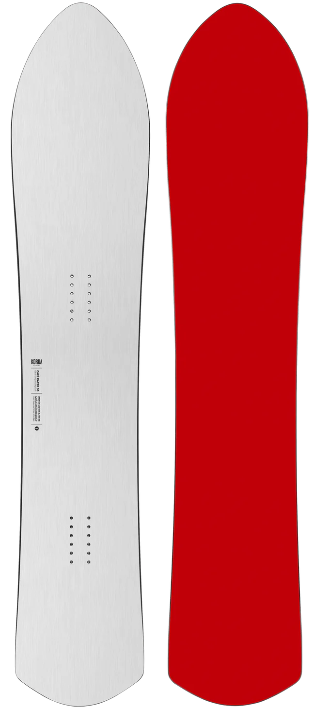 Two snowboards standing upright side by side: a silver-brushed board with mounting holes on the left and a solid red board on the right.