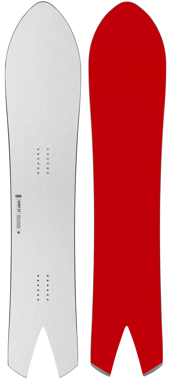 Two snowboards standing upright side by side: left silver/white with mounting holes, right solid red with a cutout tail.