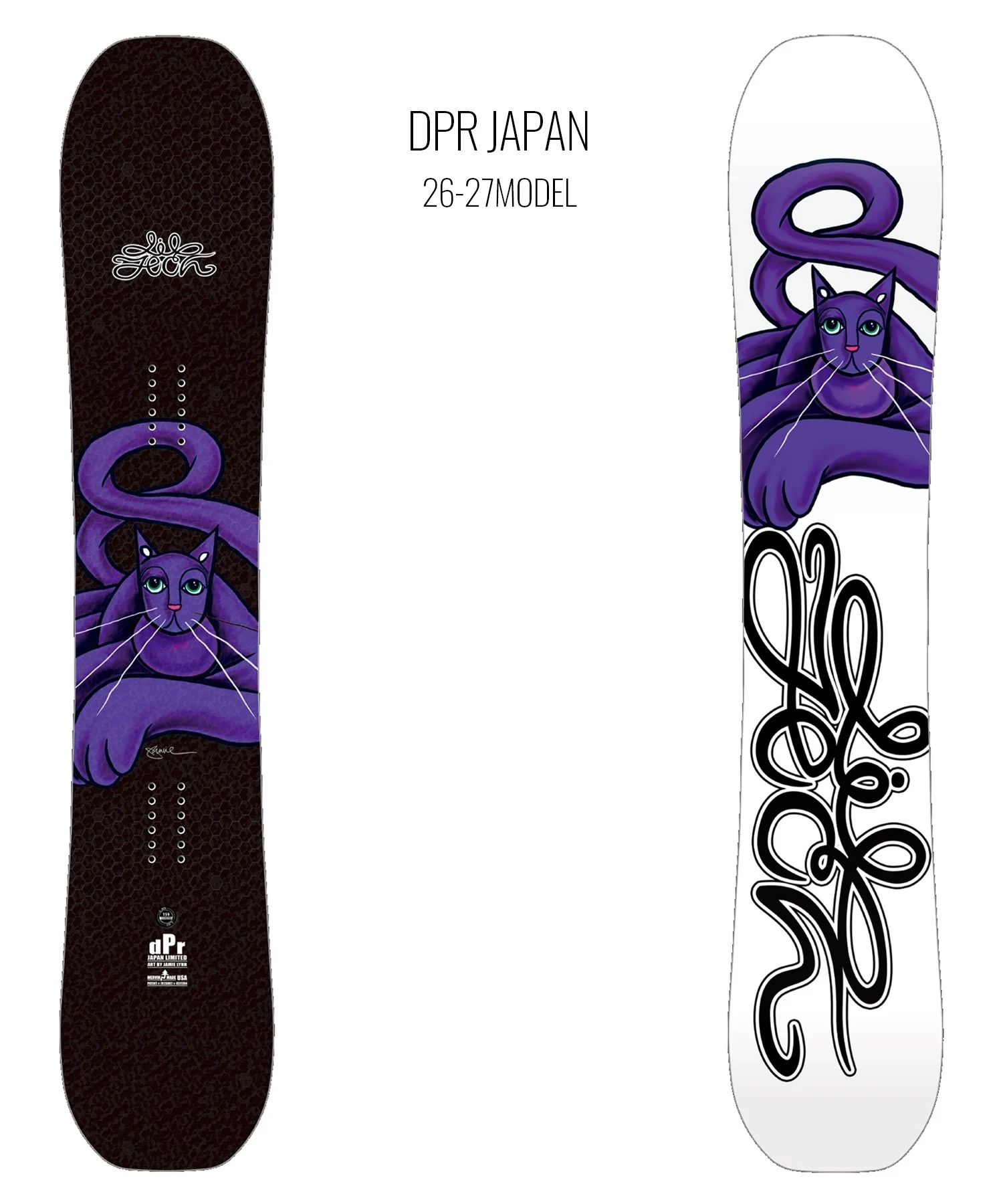 Two DPR Japan 26-27 snowboards featuring a purple cat with a looping tail; left board has a dark brown textured background, right board is white with a large black script design.