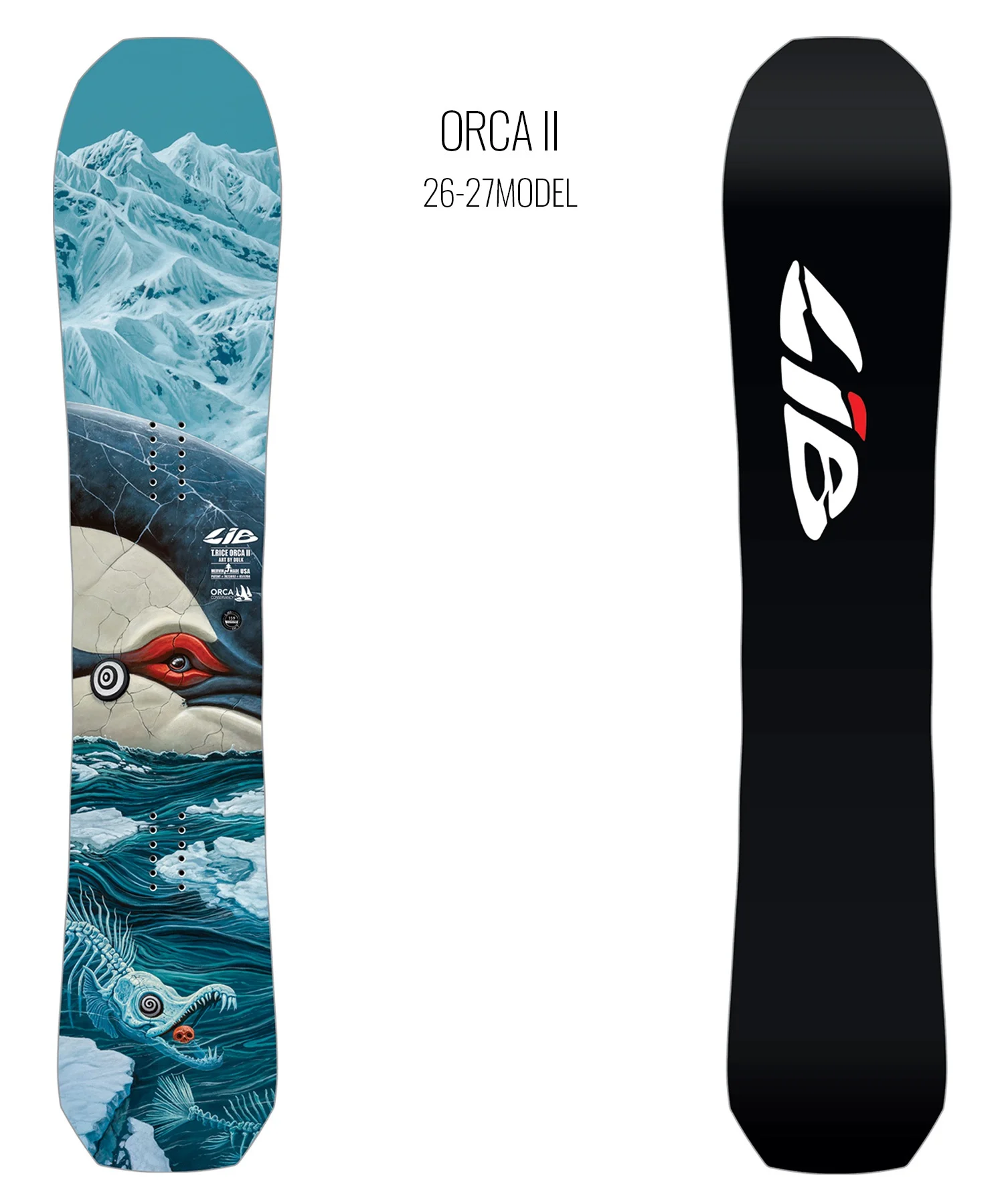 Left board features an ice-blue mountains/ocean graphic with an orca on the lower portion; right board is solid black with a white/red logo.